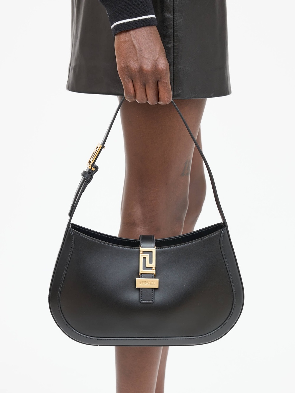 Versace Greca Goddess Black Leather Shoulder Bag with Gold Hardware